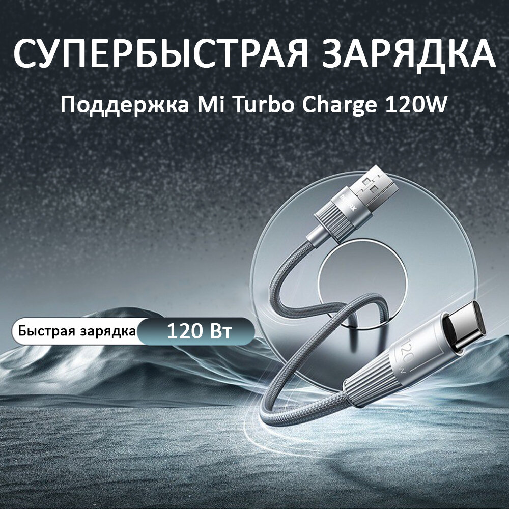фото Кабель USB- USB-C для быстрой зарядки, 120 Вт, 1.2м, синий/ совместим с новыми Xiaomi, Redmi, Poco, Huawei, Honor