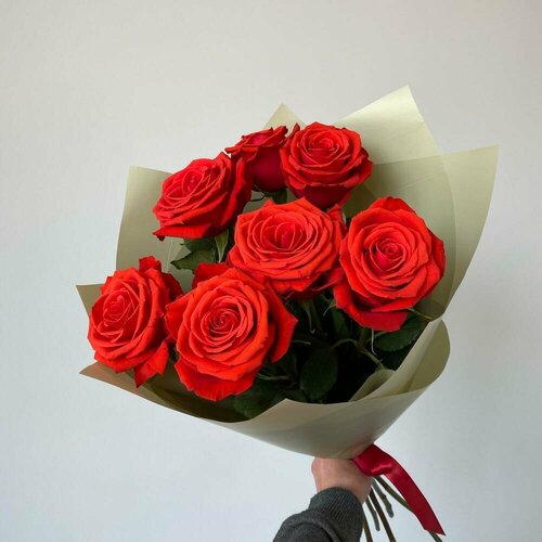 Букет из 7 красных роз Эквадор 50 см в декоративной пленке