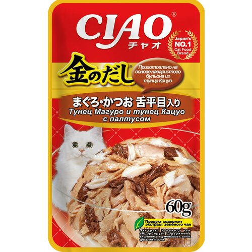 INABA Ciao Kinnodashi 60 г пауч для кошек тунец магуро и тунец кацуо с палтусом в желе 12 шт