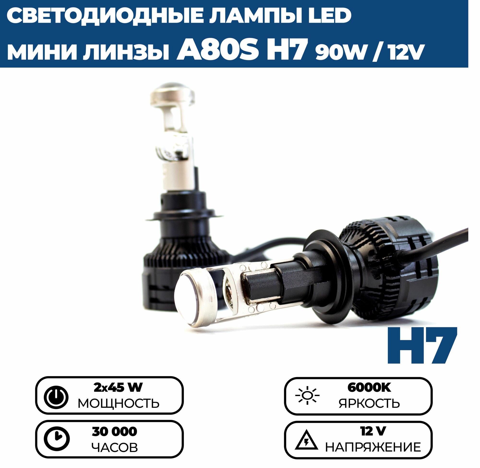Светодиодные лампы LED A80S H7, 90W, 12V, с линзой, мини линзы, комплект 2 шт.