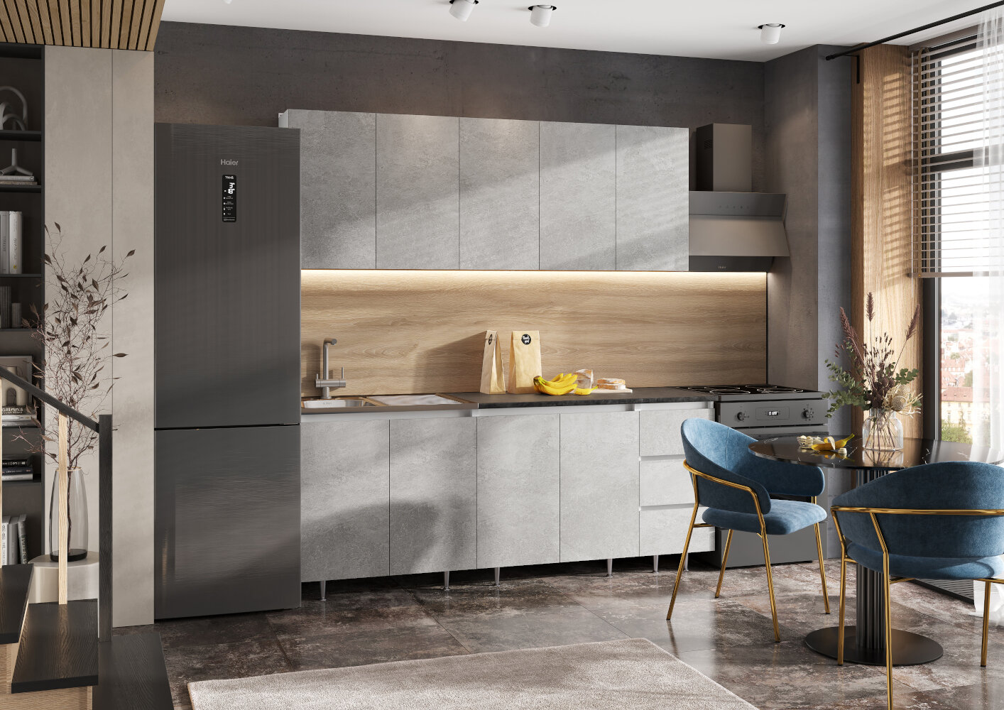 Кухня прямая Миф Челси 2,0м цвет фасада Бетон светлый, корпус Белый , столешница Кастилло