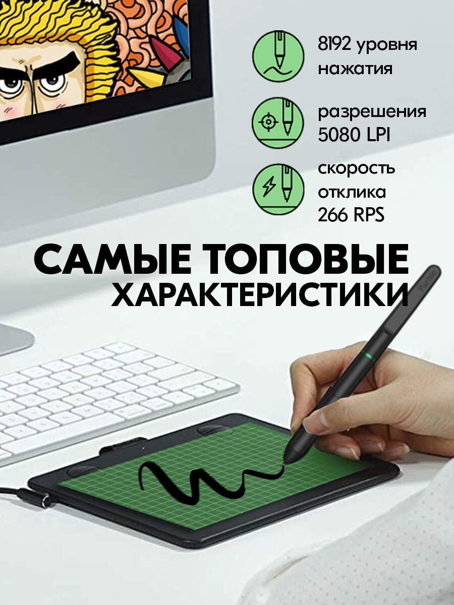 Графический планшет Parblo A640 V2 для рисования и ретуши на компьютере и смартфоне, черный, А6, 8192 уровней нажима, 5080 LPI — фото 1