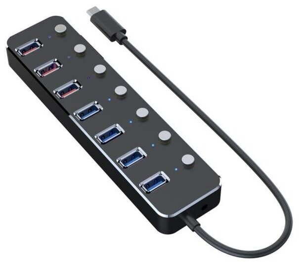 USB концентратор с блоком питания 12 В 3А GSMIN BZ95 разветвитель HUB на 7 портов USB 3.0 (3 порта 2.4А) металлический (50 см) хаб (Чёрный)