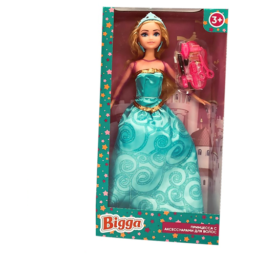 фото Игрушка "кукла принцесса с аксессуарами для волос" 29 см, бирюзовое платье bigga