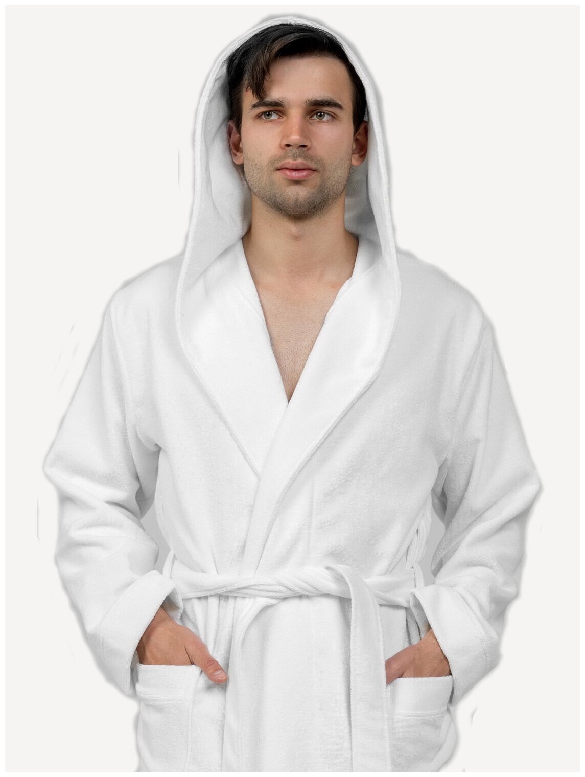 Мужской махровый халат с капюшоном, белый - фотография № 2