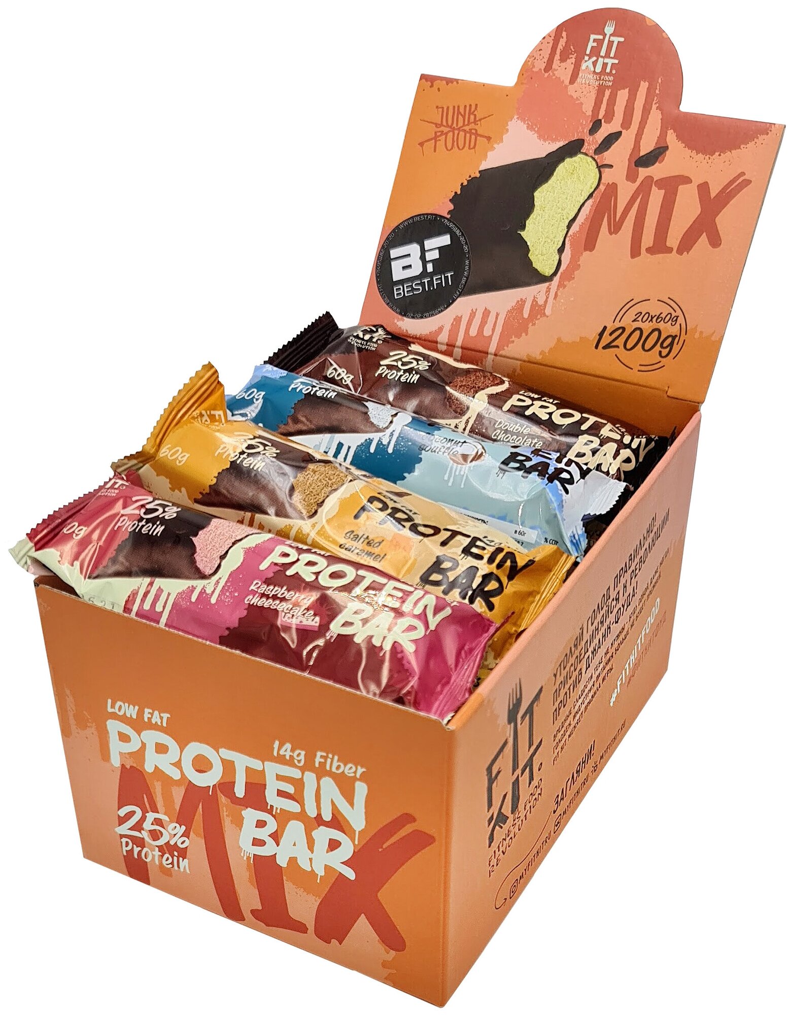 Ассорти микс-бокс Fit Kit Protein BAR, 20шт по 60г (10 вкусов) / Протеиновый батончик с суфле и без сахара