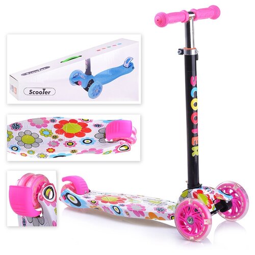 фото Самокат розовый, 3-х колесный, светящиеся колеса, в коробке кнр