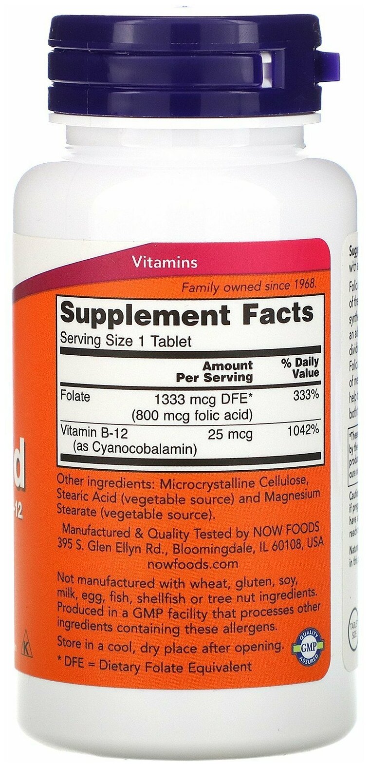 Таблетки NOW Folic Acid with Vitamin B-12, 80 г, 250 шт.