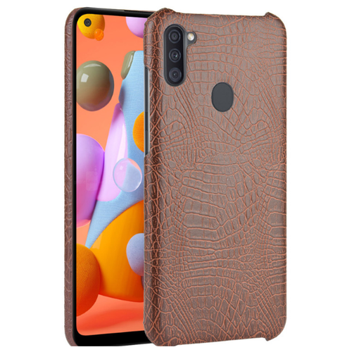 фото Чехол-накладка mypads на samsung galaxy m11 sm-115f (2020) элегантный тонкий на пластиковой основе с дизайном под кожу крокодила коричневый
