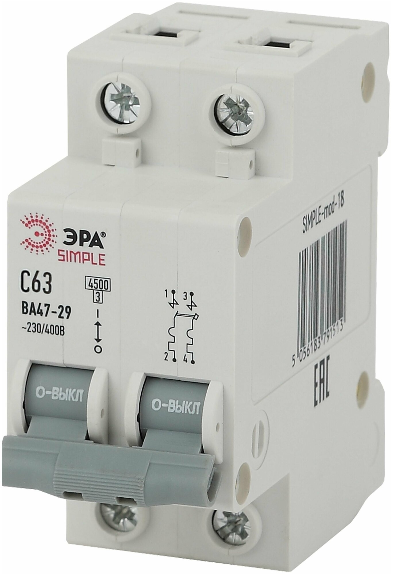 Автомат Б0039235 ЭРА SIMPLE-mod-18 2P 63А (C) 4,5кА выключатель ВА 47-29