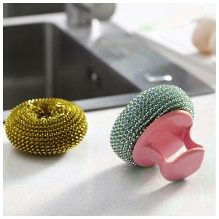 фото Мочалка щетка металлическая с держателем 2 шт, розовый