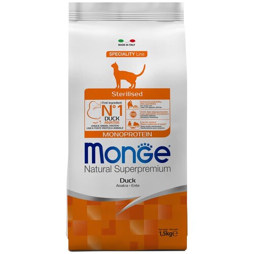 Сухой корм для стерилизованных кошек Monge Natural Superpremium Monoprotein, с уткой 1.5 кг сухой корм для стерилизованных кошек monge natural superpremium monoprotein с уткой 1 5 кг