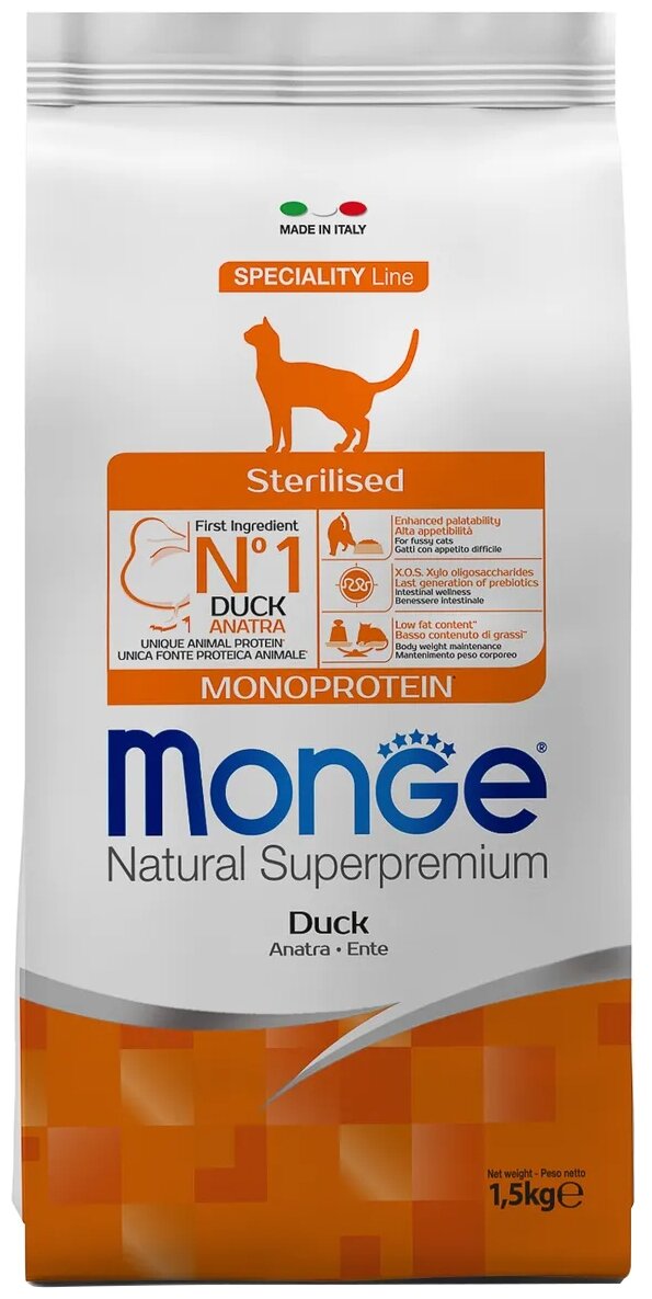 Сухой корм для стерилизованных кошек Monge Natural Superpremium Monoprotein, с уткой 1.5 кг