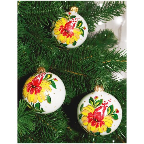 фото Набор елочных шаров irena co жёлтый цветок 80331, белый/желтый, 6 см, 3 шт.