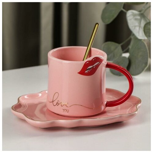 фото Чайная пара с ложкой «губки», чашка 250 мл, блюдце 17,5×14 см, цвет розово-красный qwen