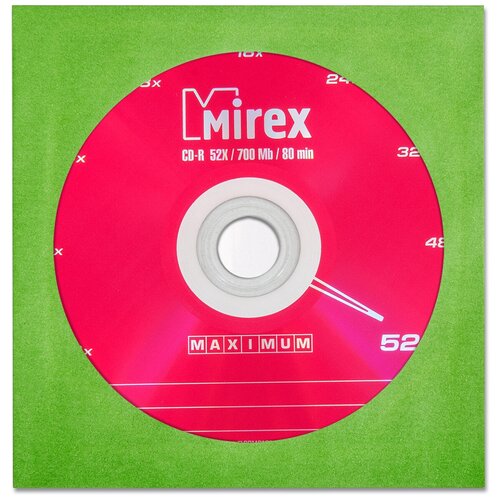 Диск Mirex CD-R 700Mb MAXIMUM 52X в бумажном конверте с окном, зеленый диск smarttrack cd r 700mb 52x в бумажном конверте с окном 5 шт