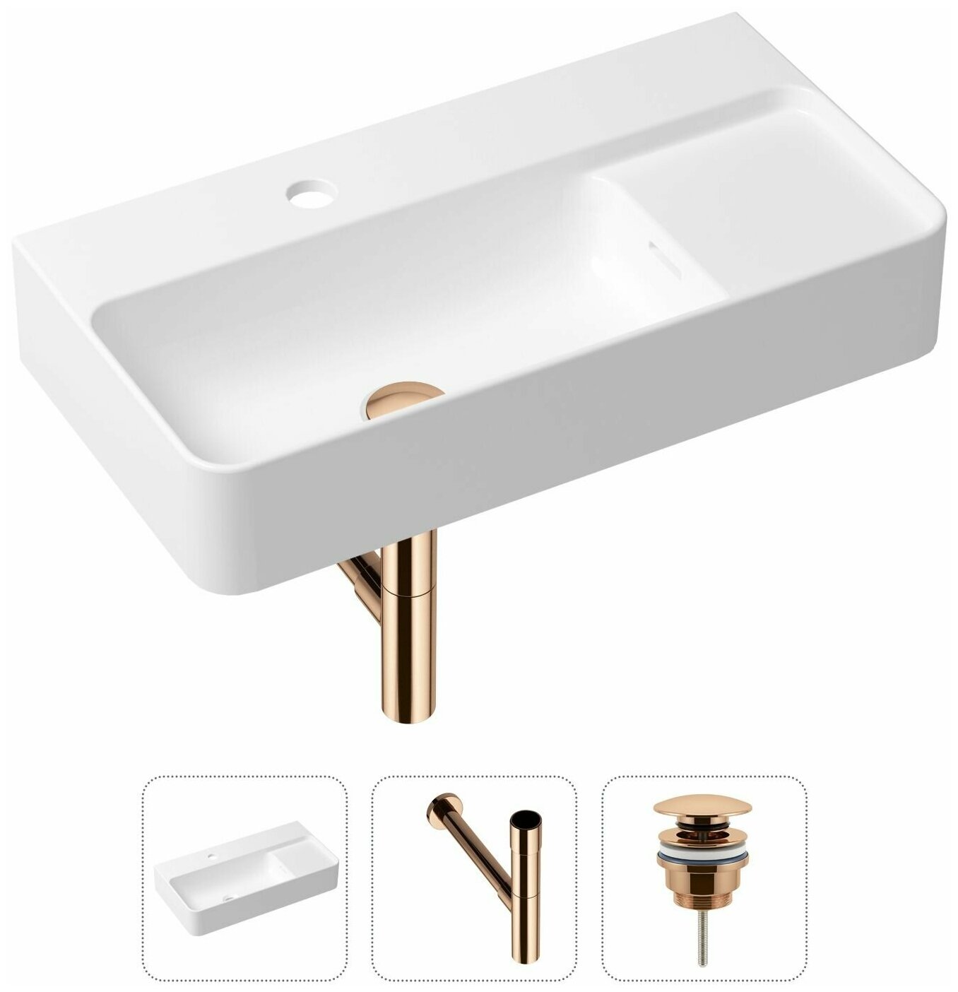 Накладная раковина в ванную Lavinia Boho Bathroom Sink Slim 21520519 в комплекте 3 в 1: умывальник белый, донный клапан и сифон в цвете розовое золото