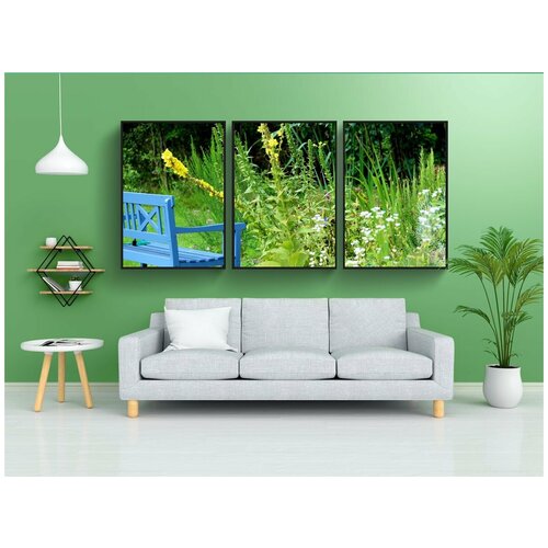 фото Набор модулных постеров для интерьера "садовая скамейка, садовый пруд, растения" 60x90 см. в тубусе, без рамки lotsprints