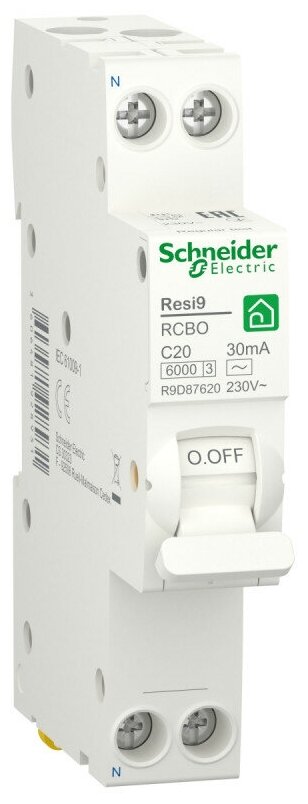 Автоматический выключатель дифференциального тока (АВДТ) Schneider Electric Resi9 20A 30mA тип AC кривая отключения C 2 полюса 6kA электро-меха