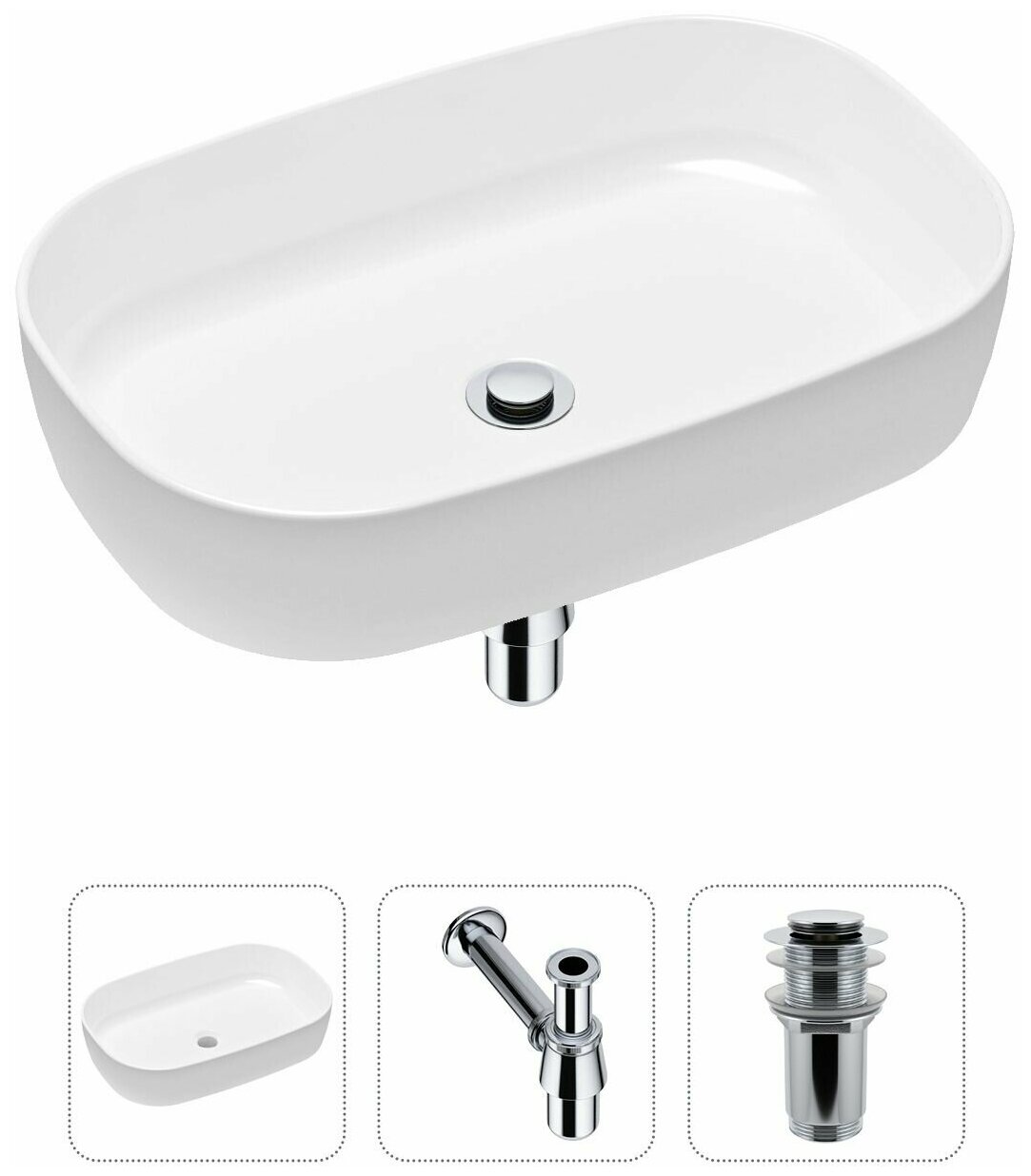 Накладная раковина в ванную Lavinia Boho Bathroom Sink Slim 21520057 в комплекте 3 в 1: умывальник белый, донный клапан и сифон в цвете хром - фотография № 1