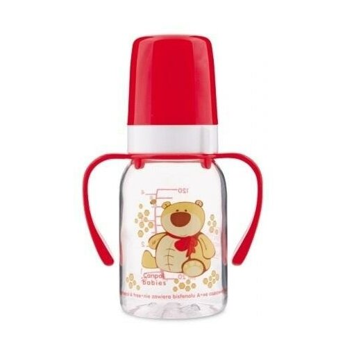 Бутылочка тритановая Canpol Cheerful Animals с силиконовой соской, с ручками (рисунок: мишка), 120 мл, Canpol Babies, красный  - купить
