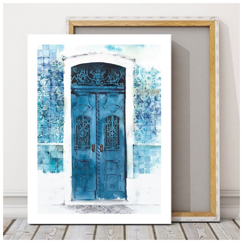 Картина на холсте на стену "Старинная синяя дверь" декор для интерьера 50х70 см, Интерьерная картина на подрамнике