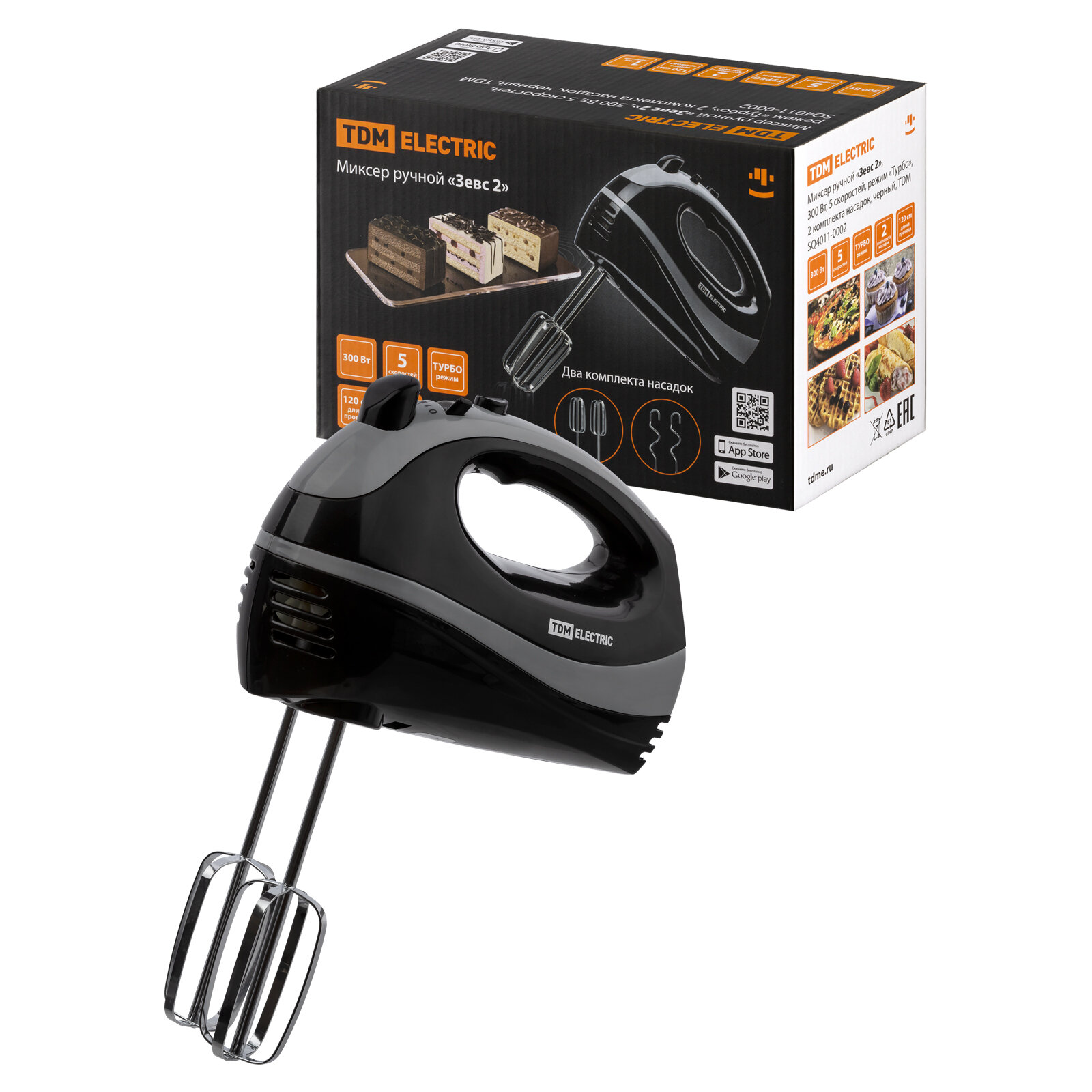 фото Миксер ручной «Зевс 2», 300 Вт, 5 скоростей, режим «Турбо», 2 комплекта насадок, черный, TDM SQ4011-0002 (1 шт.)