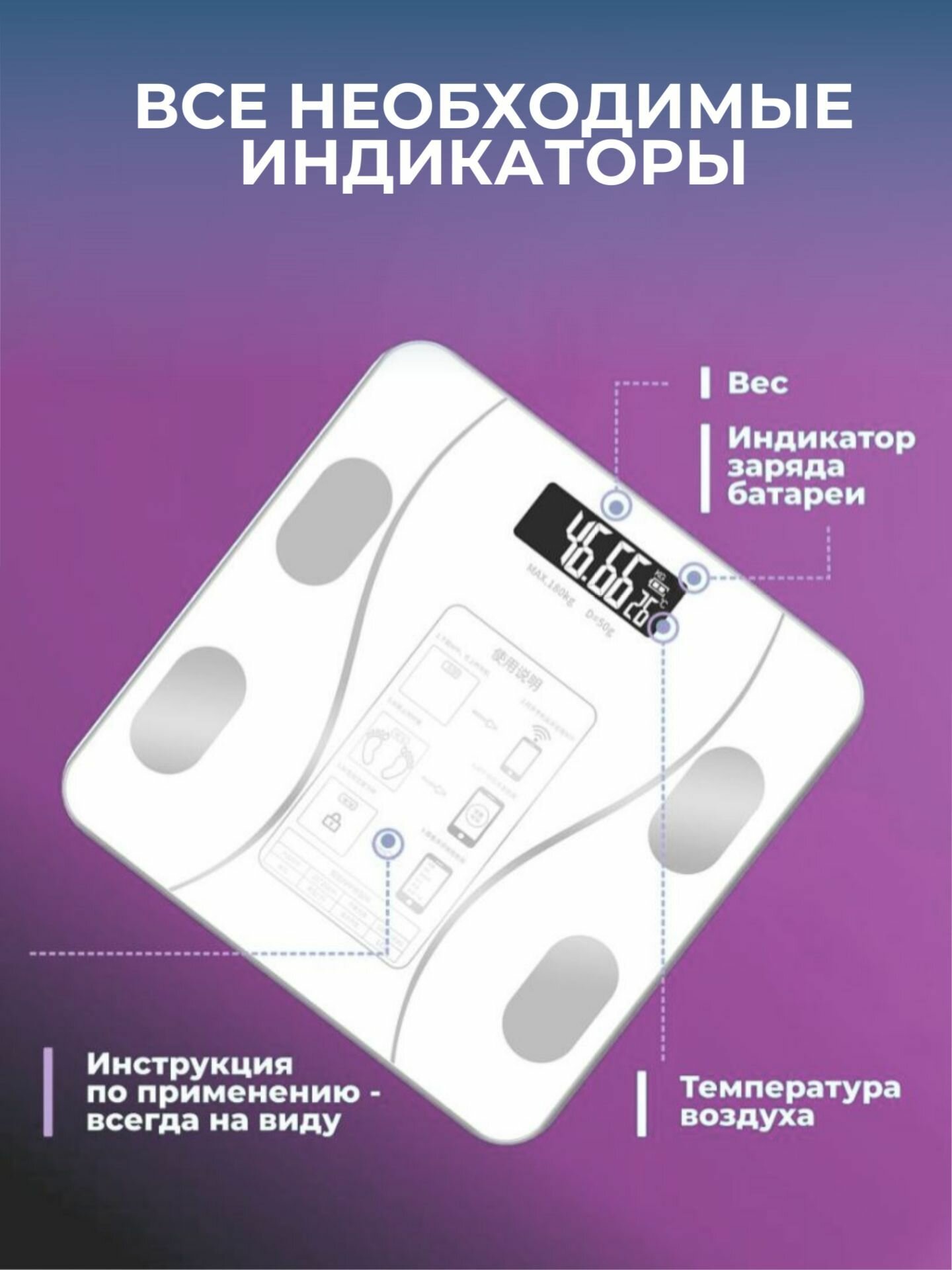 Напольные умные весы c bmi / электронные весы с приложением для iPhone / Xiaomi / Android / iOS, белый - фотография № 2