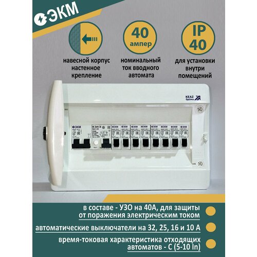 Щит распределительный в сборе НКУ ЩР40А CNN-12 IP 40 электрощиток для квартиры, студии (1х2С40, УЗО2240, 1С32,2х1С25,3х1С16, 2х1С10) ЭКМ17