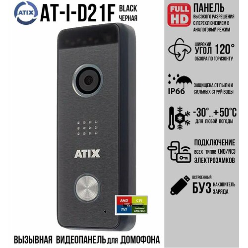 Вызывная FullHD видеопанель для аналогового монитора Atix AT-I-D21F Black (черная) 2Мп(AHD)/cvbs с широким углом обзора и встроенным БУЗ