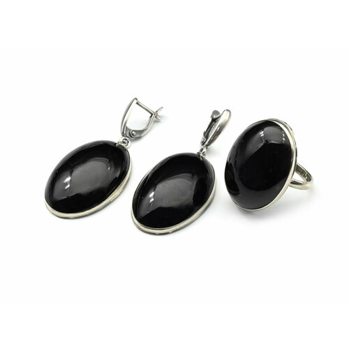 Комплект бижутерии: кольцо, серьги, морион, размер кольца 18.5, черный