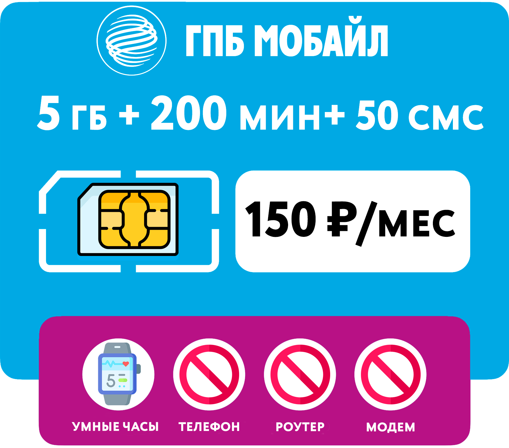 SIM-карта 5 гб интернета 200 мин 50 смс за 150 руб/мес для умных часов (Москва Московская область Россия)