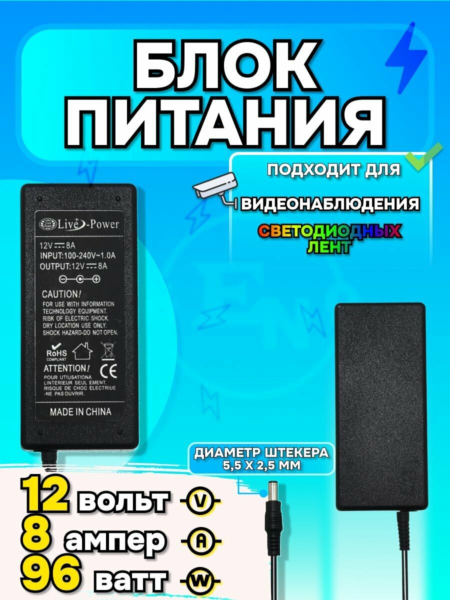 Блок питания для светодиодной ленты, видеонаблюдения, цифровых приставок 12V 8A