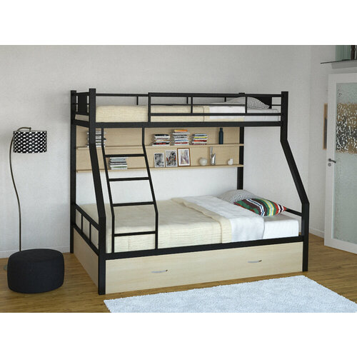 Металлическая двухъярусная кровать Гранада ПЯ 90/120 на 190 Черный/Дуб молочный