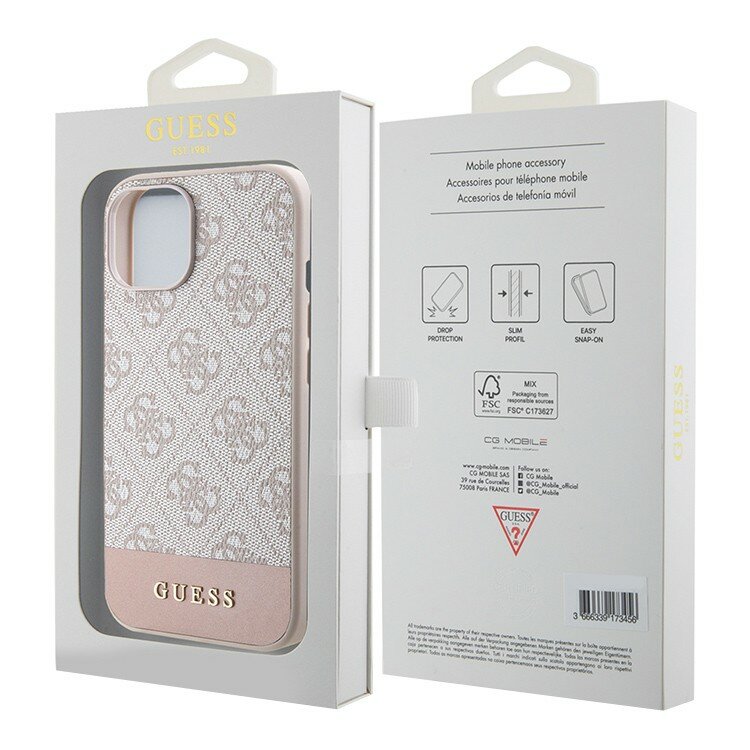 Guess для iPhone 15 чехол кожаный с узором 4G Bottom stripe Metal logo, розовый