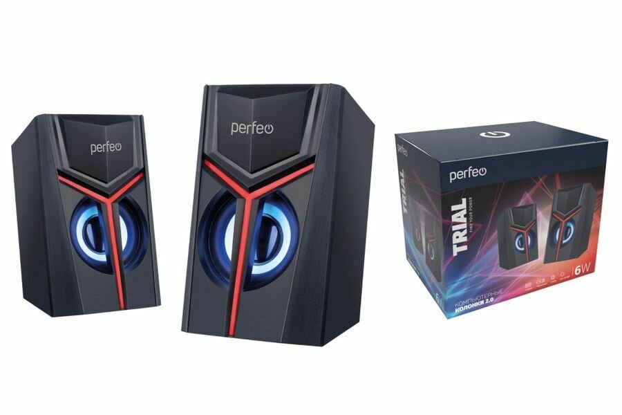 Колонки компьютерные Perfeo "TRIAL", 2.0, мощность 2х3 Вт, USB, чёрные, "игровой дизайн", LED подсветка 7 цветов