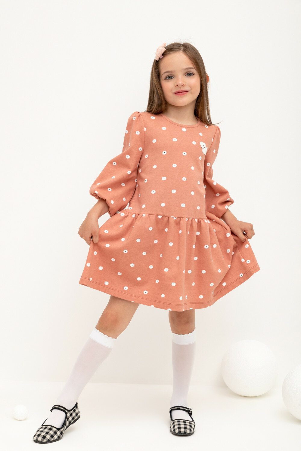 Платье для девочки из футера Crockid КР 5827/персиковая карамель собаки-горошки к429 р 56/104