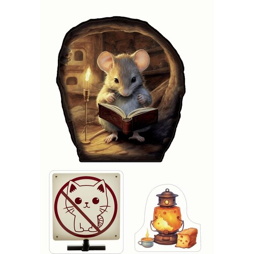 Мышь на стене, наклейка для декора, 3 штуки, белый/желтый/золотистый, 23х16 см, винил