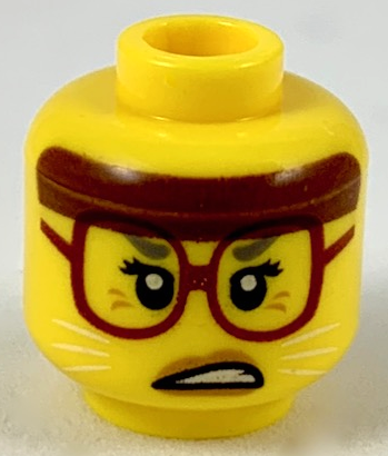 Minifigure, Head Female, Reddish Brown Headband, Dark Red Glasses, White Cat Whiskers, Scowling Pattern, 3626pb2310 Yellow U