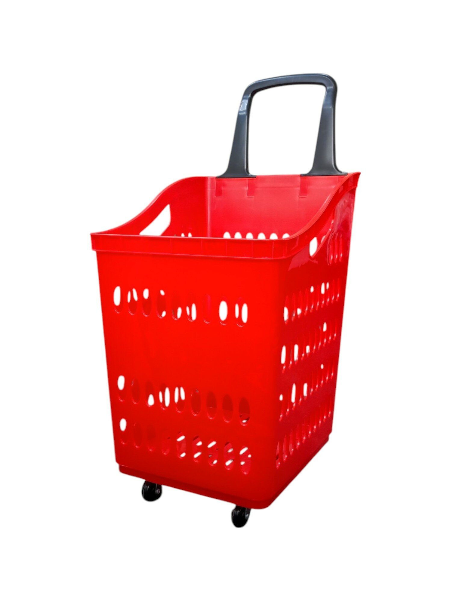 Корзина покупательская на 4 колесах пластиковая с одной ручкой 65 л красная