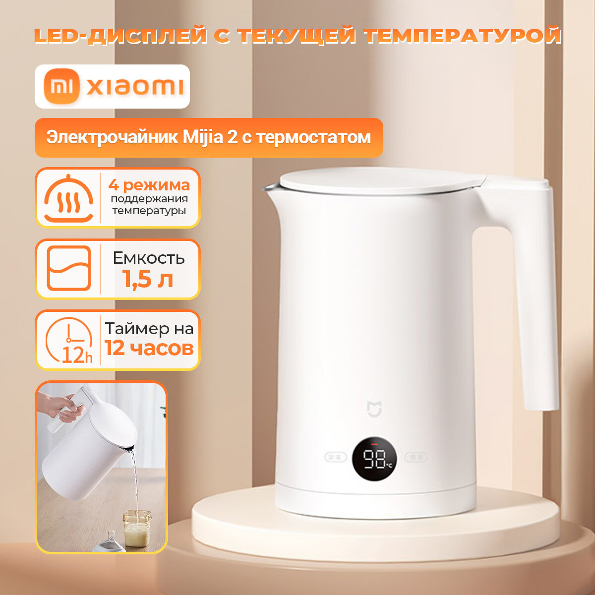 Чайник Xiaomi Thermostatic Electric Kettle 2 CN, белый （Включать адаптера）