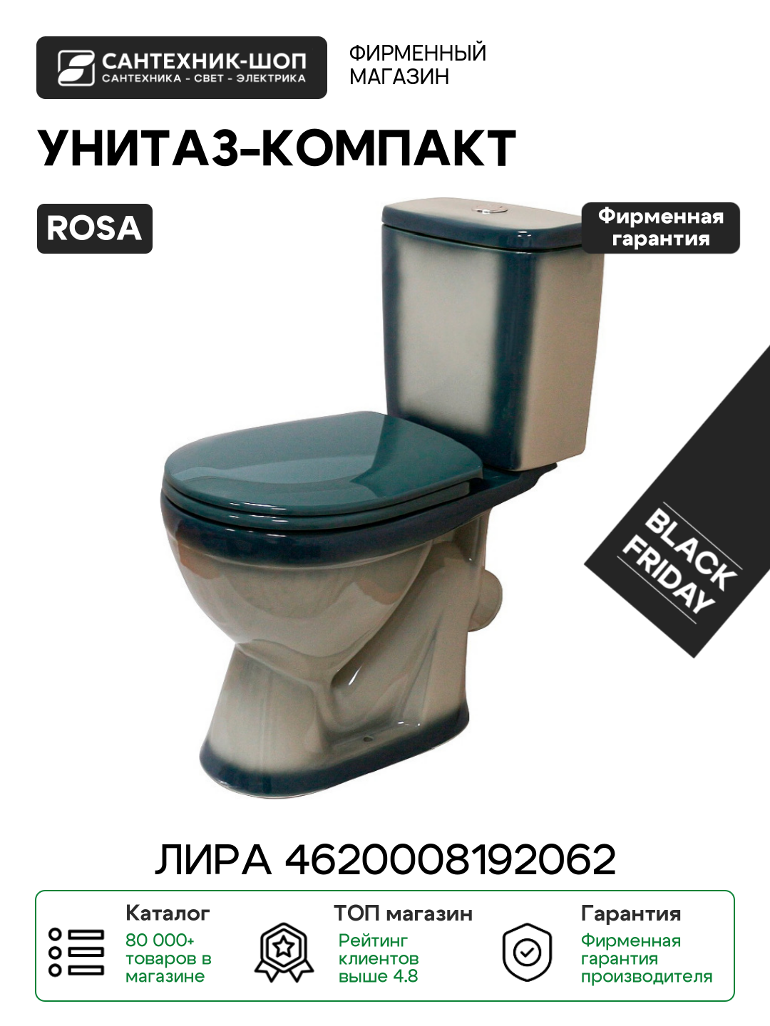 Унитаз-компакт Rosa Лира 4620008192062 Зеленый декор с бачком и сиденьем белый фарфор напольный