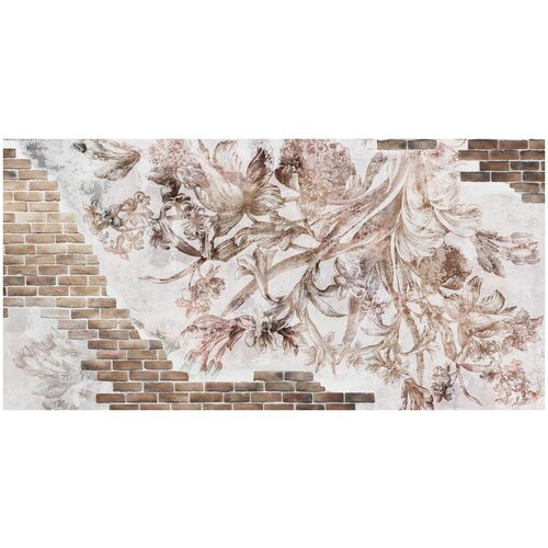 Фотообои Уютная стена Цветы в винтажном стиле на фоне кирпичной стены 540х270 см Бесшовные Премиум (единым полотном)