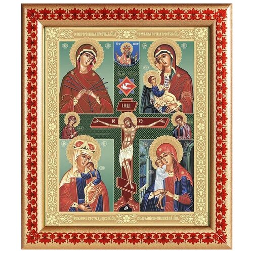 Четырёхчастная икона Божией Матери, широкая рамка с узором 21,5*25 см