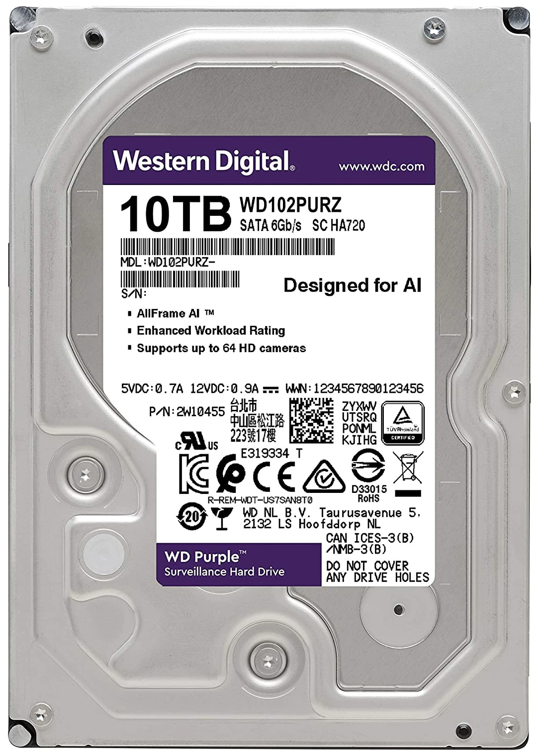 Жесткий диск 3.5" 10 Tb 7200rpm 256Mb cache Western Digital Purple WD102PURZ SATA III 6 Gb/s - фото №2