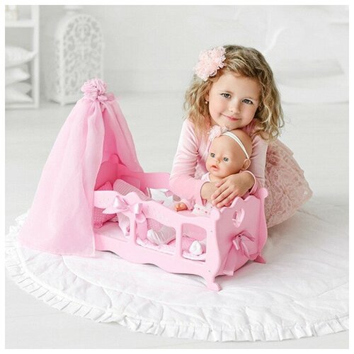 фото Кровать для кукол с балдахином и постельным бельем, розовая манюня