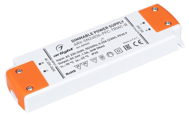 Блок питания ARV-SN24036-PFC-TRIAC-B (24V, 1.5A, 36W) (Arlight, IP20 Пластик, 3 года)