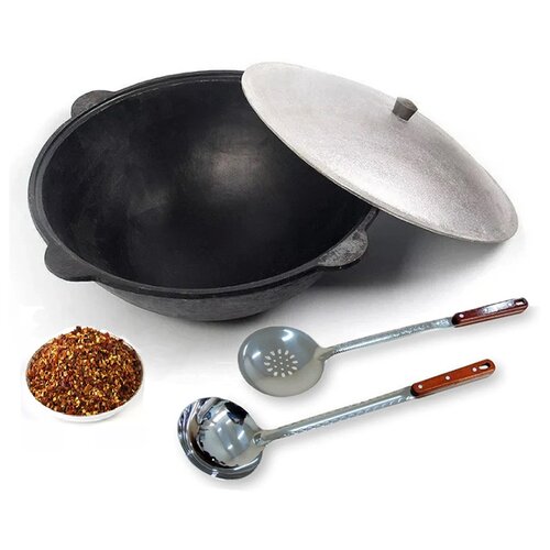 Казан чугунный Наманган Узбекский (круглое дно) с алюминиевой крышкой, с шумовкой, половником и специями, черный.., 12 л