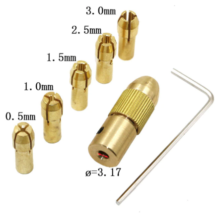7 в 1 ! Мини патрон цанговый на вал 3,17мм, латунный, сменные цанги/ трехкулачковый для электрогравёра/для сверл d 0,5-3,0 мм-1шт.