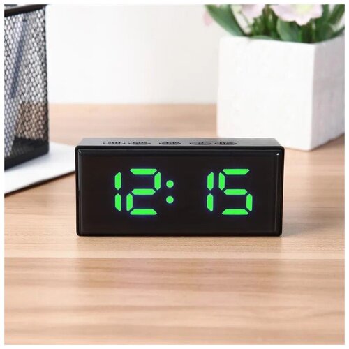 Часы настольные электронные на батарейках, зеленый циферблат от сети, USB: будильник, термометр, календарь, подсветка